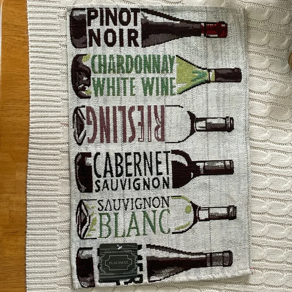 NWT wine themed placemats 2 in lot different styles. Tapestry grapes bottles cab